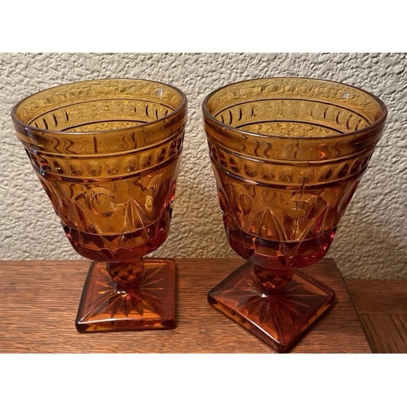 Other - Vintage Amber Pedestal Pony - Goblet Heavy Etched Glass - Set of 2
